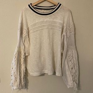 Free People Ribbed Black and White Collar Crochet Long Sleeve Fringe Top